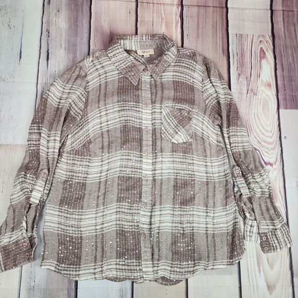 Style & Co Button Up Shirt Women's Small Long Sleeve Top Sequin Sparkle Taupe - Picture 2 of 7